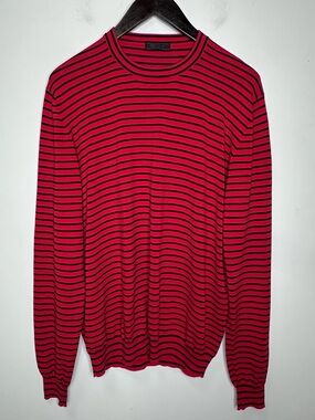 Prada Men’s Red Striped 100% Cotton Pullover Crew Neck Sweater